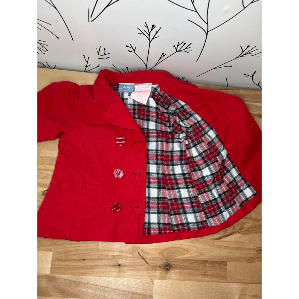 Baby Headquarters Red Double Breasted Pea Coat Plaid Lined Girls‎ 6/9 Months